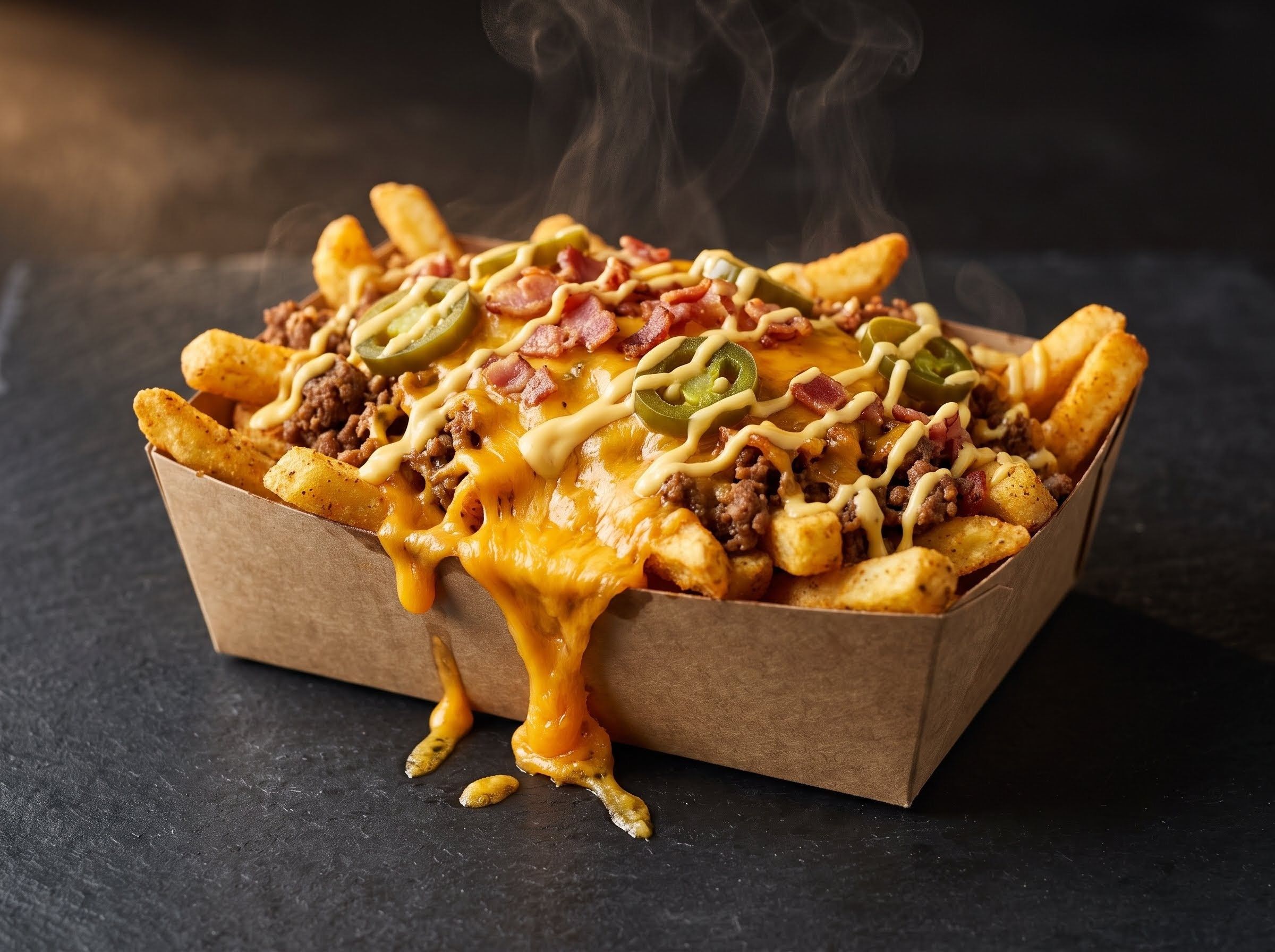 Full Spicy Taco Fries – hranolky s taco mäsom, slaninou, jalapeños a cheddarom v papierovom boxe